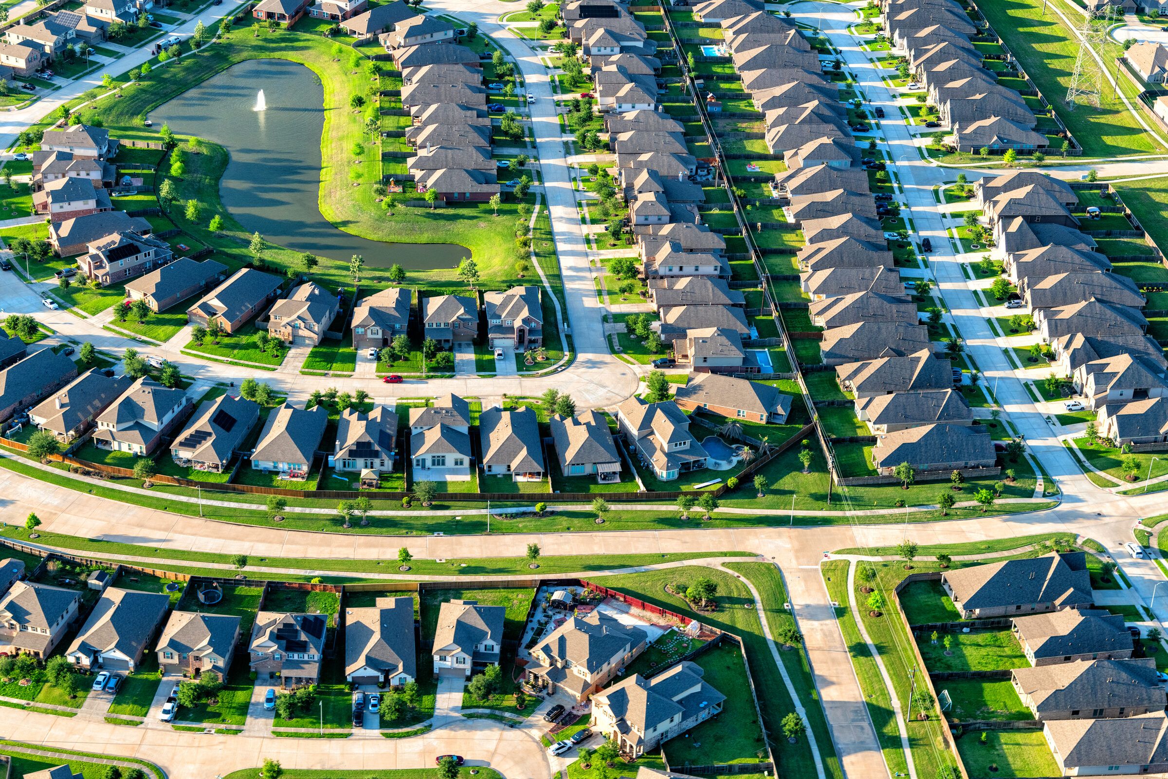 Aerial view of a Texas suburban neighborhood of investment properties.
